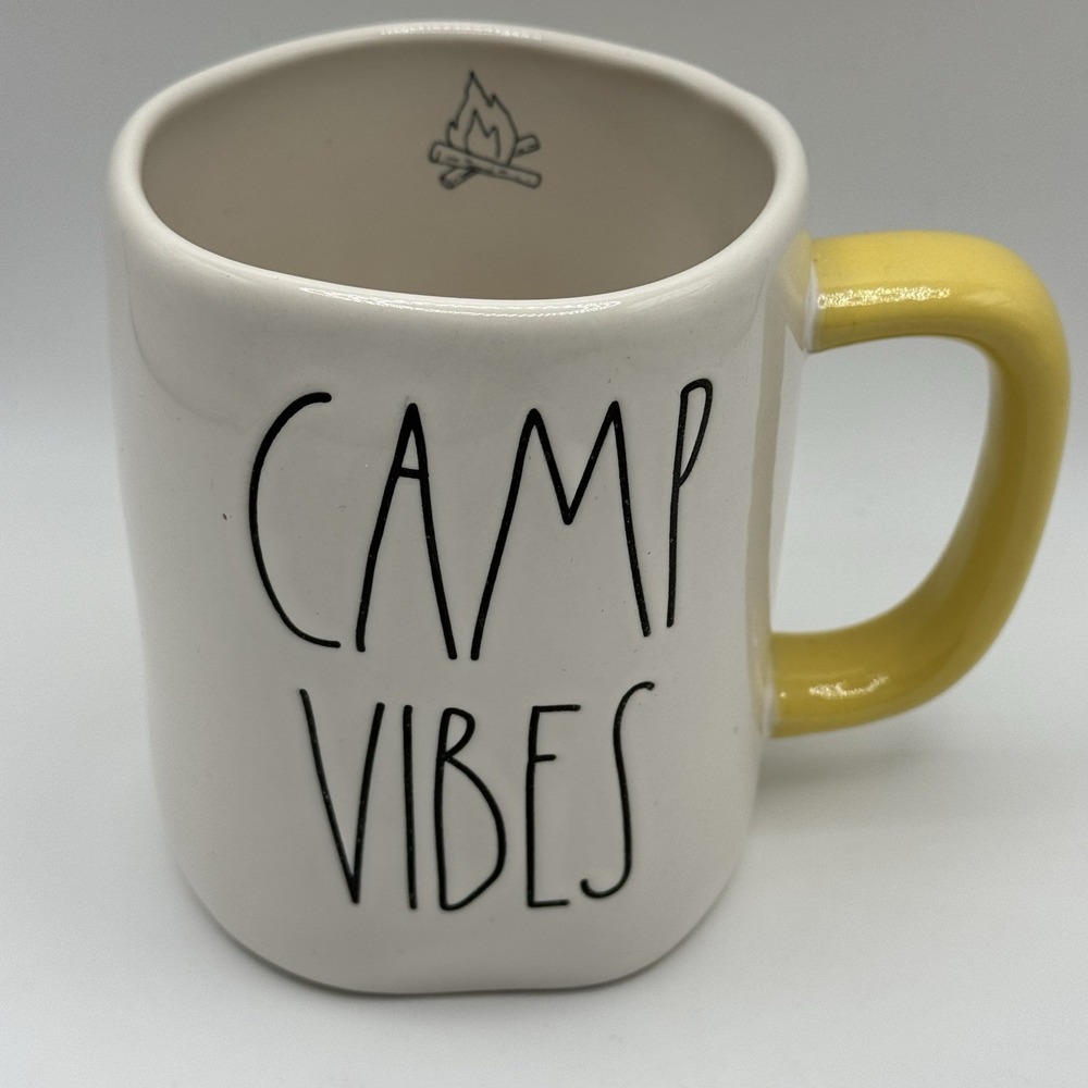 Rae Dunn CAMP VIBES Mug Yellow Handle Artisan‎ Collection Coffee Cup